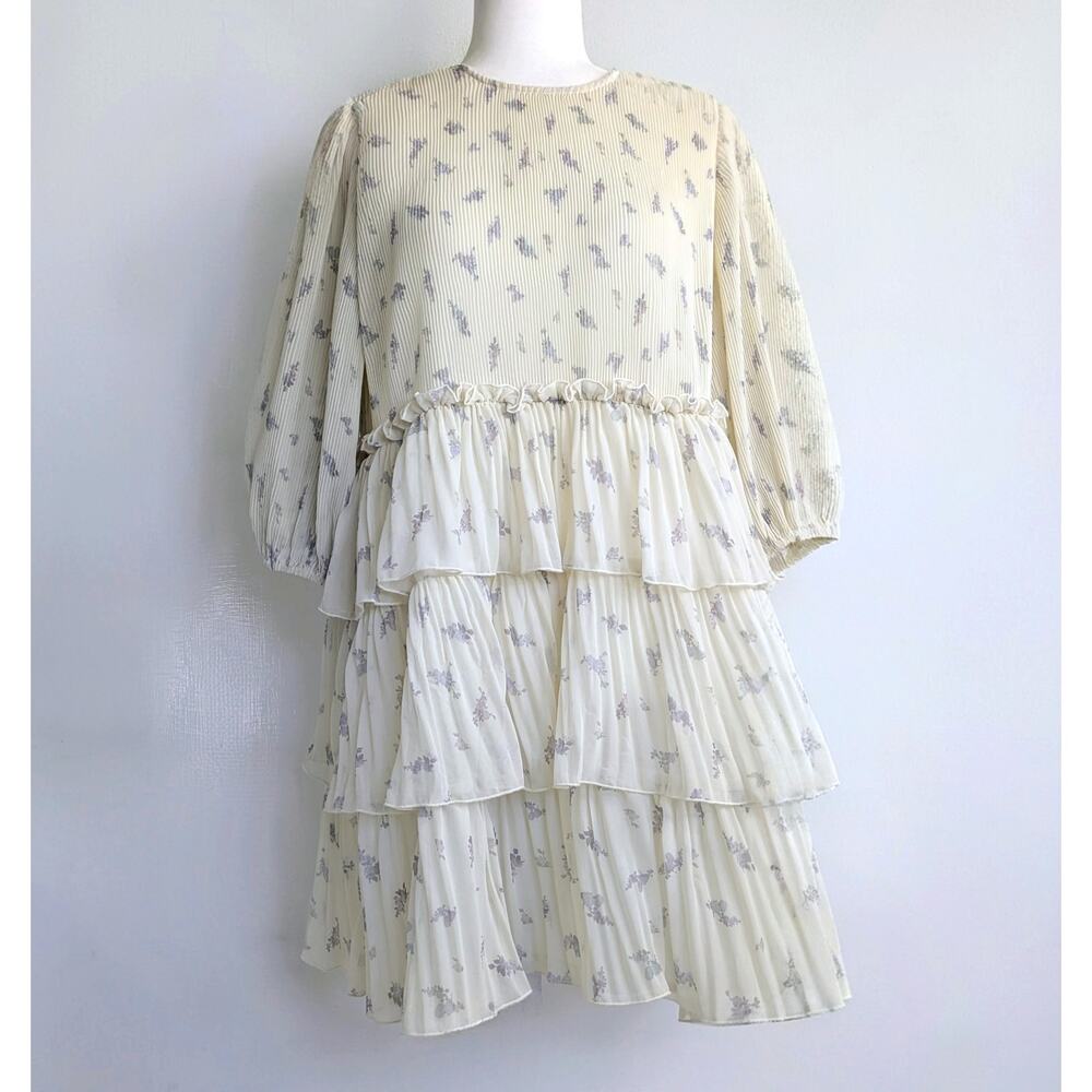 Ganni Pleated Georgette Dress 42 Cream Lavender Floral Tiered Mini 10-12